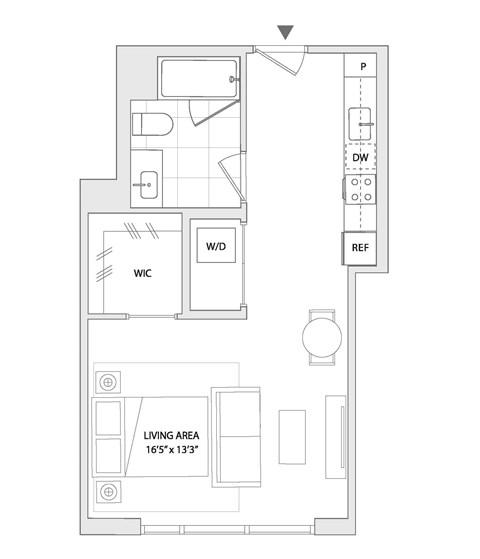 Floor plan for studio, 1 bath, 602 sqft